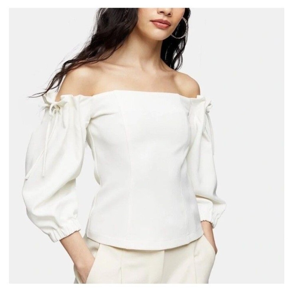 Topshop Women Off Shoulder Puff Sleeve Tie Blouse Top White Size 4